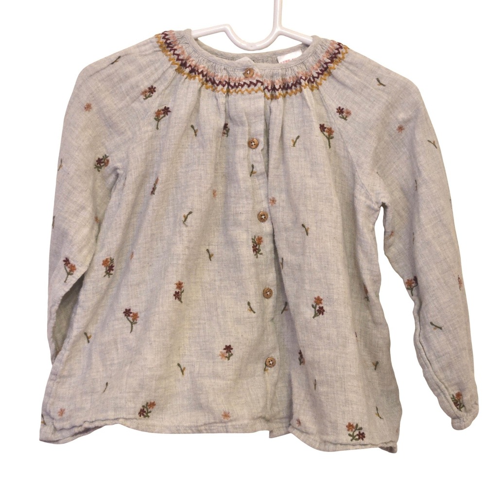 Zara‎ Girls Grey Embroidered Linen Blend Smocked Blouse Top Size 2-3 Years 98cm